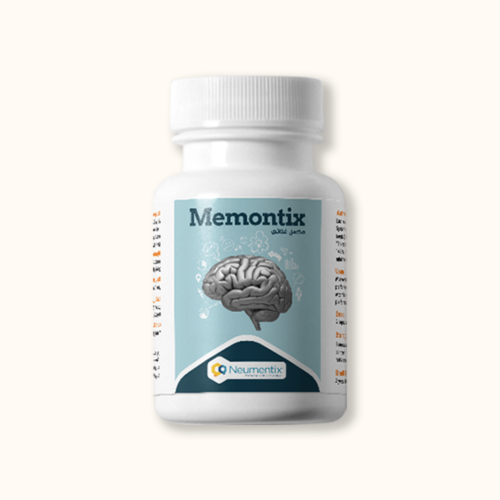 A bottle of Memontix dietary supplement, designed to support cognitive function, brain health, and memory enhancement, featuring a brain illustration on the label.