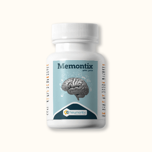 A bottle of Memontix dietary supplement, designed to support cognitive function, brain health, and memory enhancement, featuring a brain illustration on the label.