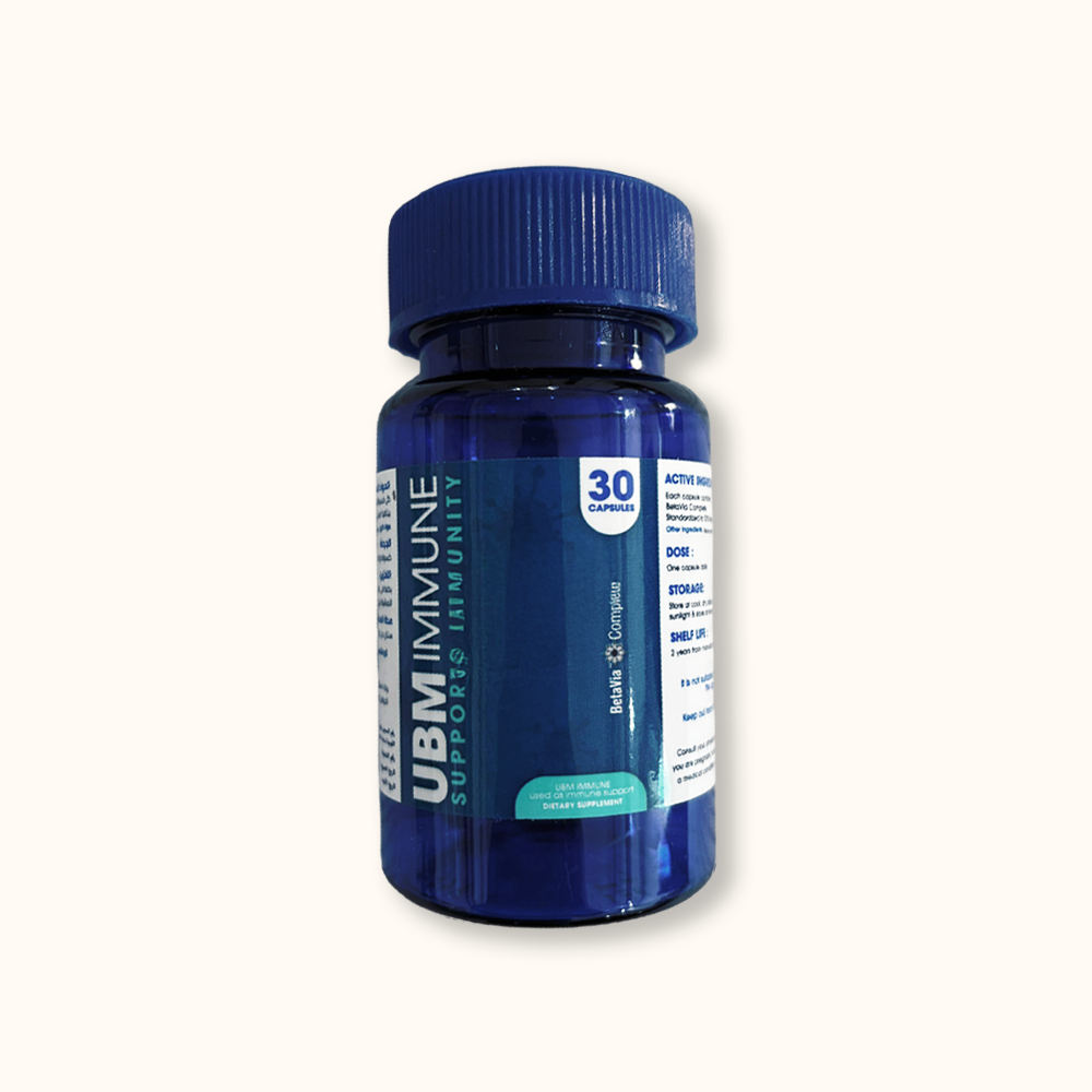 UBM Immune – Advanced Immunity Support Supplement A blue bottle of UBM Immune dietary supplement, containing 30 capsules designed to boost the immune system and support overall health.