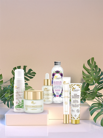 Fleurance Nature – Organic Skincare Collection Alt: A luxurious skincare collection by Fleurance Nature, featuring organic and natural beauty products elegantly displayed with green botanical elements.