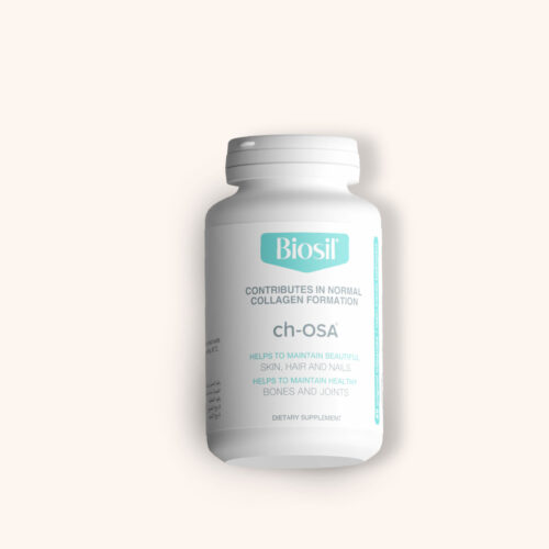 A bottle of Biosil ch-OSA dietary supplement designed to support natural collagen formation, promoting healthy skin, hair, nails, bones, and joints.